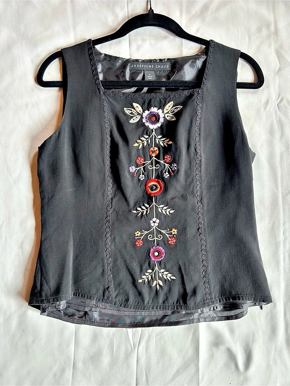 Josephine Chaus Embroidered Silk Tank Top Black Size 4